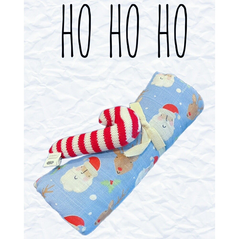Christmas Baby Santa Swaddle Blanket & Candy Cane Rattle Set 47" x 47" NWT
